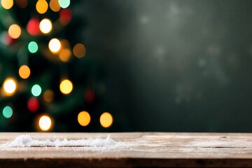 Christmas table setting, table top with red and green gifts and candles, champagne and wine glasses and bottle, blurred dark room with lights and christmas tree eve at background. place for text