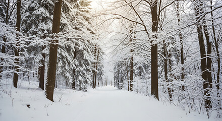 Tranquil snow-covered forest path bathed in gentle winter sunlight.