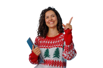 Woman in holiday sweater holding a laptop, smiling and pointing up, indicating an idea or inspiration