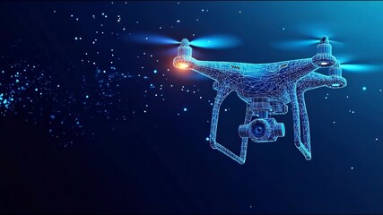 Digital wireframe drone with camera glowing in a futuristic technological environment with abstract connections. - Powered by Adobe