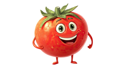 Happy tomato character cartoon vegetable mascot red food cute face funny expression smiling comic illustration playful figure isolated on white background