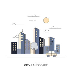 Obraz premium Flat vector illustration of modern city landscape with tall skyscrapers, buildings, tree, sun, clouds, and car. Minimal urban skyline design for business, architecture, and city themes.
