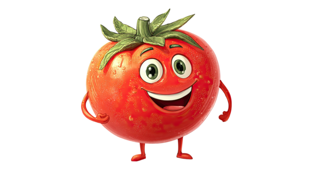 Happy tomato character cartoon vegetable mascot red food cute face funny expression smiling comic illustration playful figure isolated on white background