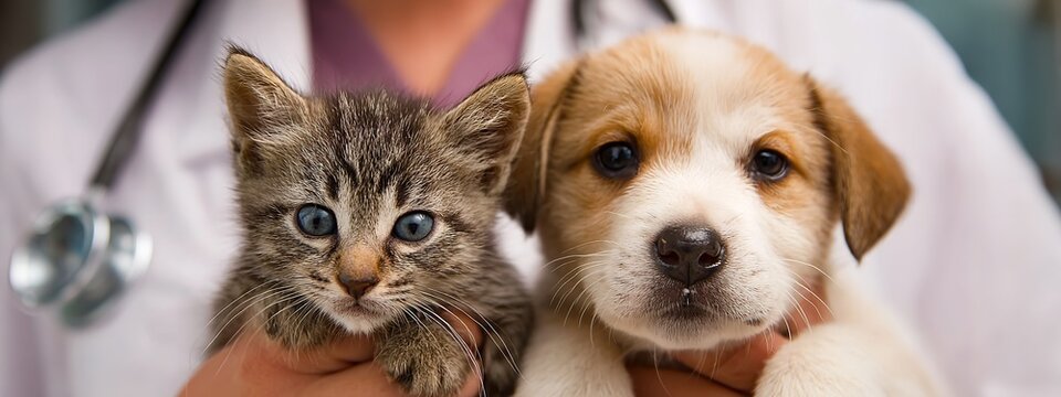 Adorable kitten and puppy getting a checkup at the vet, showcasing animal health and veterinary care, perfect for pet lovers and animal health campaigns