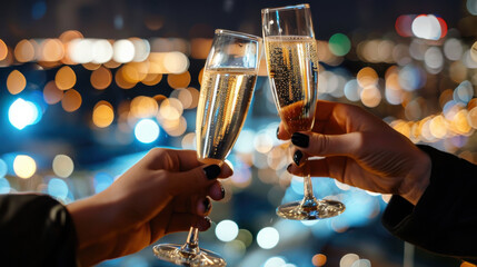 Glasses of champagne clink together, sparkling in celebration, symbolizing joy, togetherness, and special moments shared during festive gatherings and milestones.