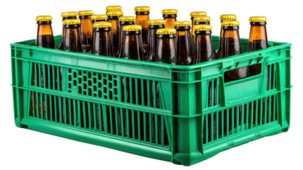Green plastic crate holding brown beer bottles packaging container beverage alcohol drink storage box brewery glass lager pack isolated on white background
