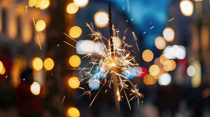 Fototapeta premium A sparkler emits dazzling sparks, illuminating the night with a magical glow, embodying celebration and the joyous moments shared with loved ones during festive occasions.