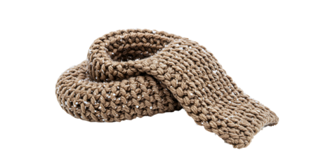 Cozy brown knitted scarf adorned with delicate snowflakes isolated
