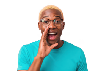Excited man with blond hair wearing glasses shouting or whispering secrets isolated on transparent background