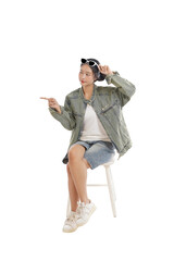 Effortless Style and Direction: A stylish figure, casually dressed in modern attire, confidently points to the side with an air of sophisticated allure.