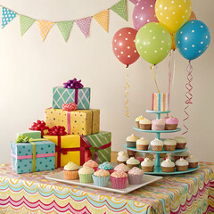 A festive birthday table filled with gifts, streamers, and cupcakes, radiating joy, celebration, sweetness