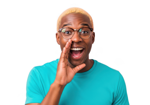 Excited man with blond hair wearing glasses shouting or whispering secrets isolated on transparent background - Powered by Adobe