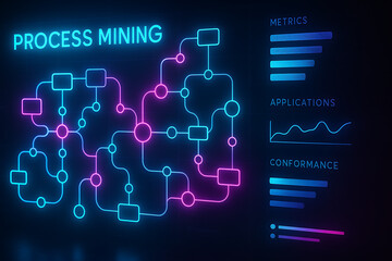 Process mining neon digital flowchart futuristic data visualization workflow analysis metrics applications conformance automation business intelligence optimization technology efficiency operations da