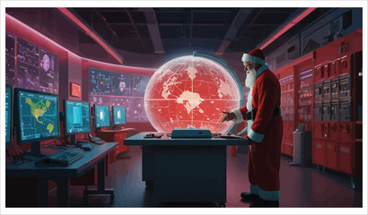 Santa Claus in high tech control room with globe display