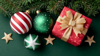 Red and Green Christmas Ornaments with Gift on Green Background