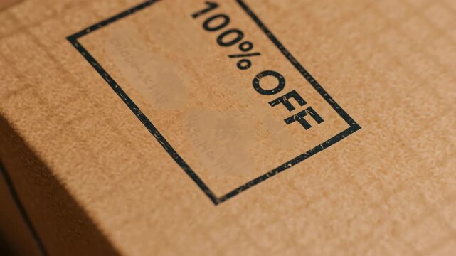 Close up of cardboard box with bold 100 percent off discount stamp showing full sale discount and promotion for shopping excitement