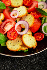 Panzanella salad tomato, croutons, onions vegetables dish natural product tasty snack fresh delicious gourmet food background on the table rustic top view copy space