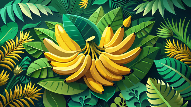Fresh bananas cluster paper cut tropical style, curved yellow fruits with lush greenery, decorative poster design, paradise summer card vector, exotic botanical vibes, jungle inspired background 