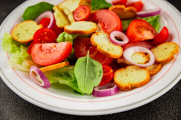 Panzanella salad tomato, croutons, onions vegetables dish natural product tasty snack fresh delicious gourmet food background on the table rustic top view copy space