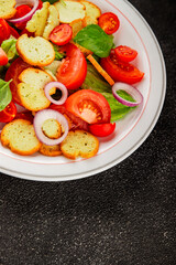 Panzanella salad tomato, croutons, onions vegetables dish natural product tasty snack fresh delicious gourmet food background on the table rustic top view copy space
