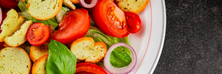 Panzanella salad tomato, croutons, onions vegetables dish natural product tasty snack fresh delicious gourmet food background on the table rustic top view copy space
