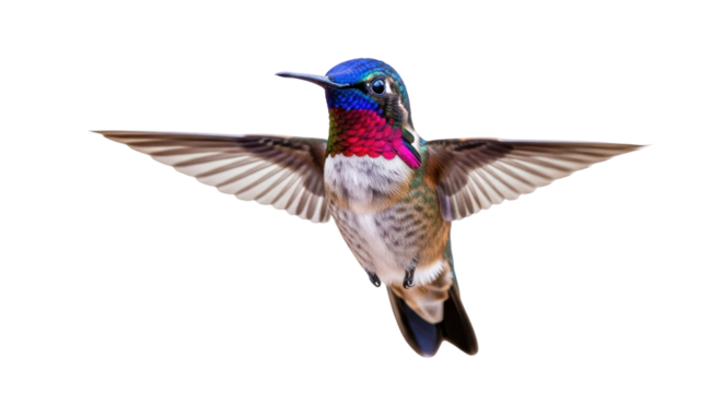 Isolated Calliope Hummingbird male displaying iridescent throat and outstretched wings