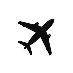 A simple, minimalist vector, Silhouette icon of an airplane is centered against a solid, light gray background. 