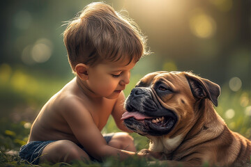 A little boy guarded by his faithful dog