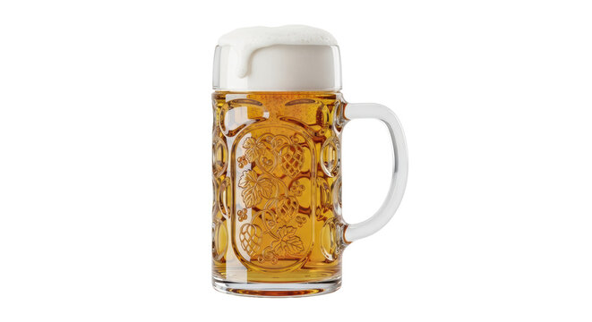 Isolated mug of beer with thick foam head, German traditional stein, festive celebration