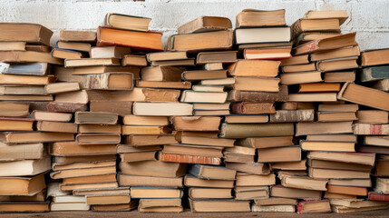 Stacked books in various colors and sizes create visually appealing display of literature