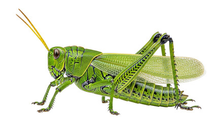 Isolated Green Grasshopper Standing Sideways with Antennae Visible Against Simple Backdrop