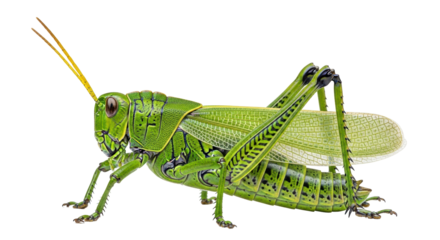 Isolated Green Grasshopper Standing Sideways with Antennae Visible Against Simple Backdrop