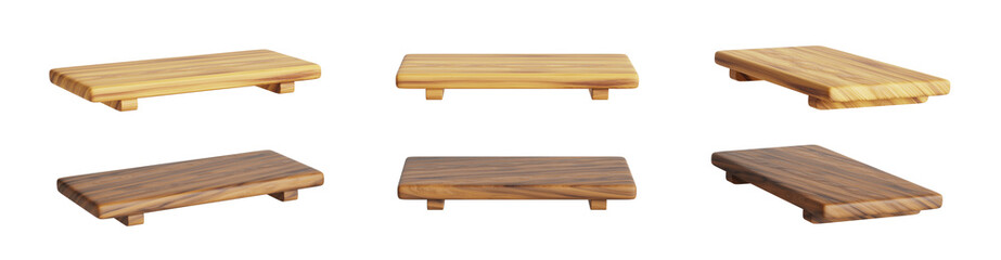 3d wooden sushi plate mockup. Empty rectangular serving dish, tray for asian food. Japanese kitchen table with brown and light wood texture front and side view, realistic render set