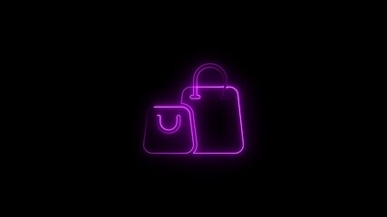A vibrant neon purple shopping bag icon, illuminated against a dark background, embodies the allure of online shopping and the thrill of retail therapy in the digital age.