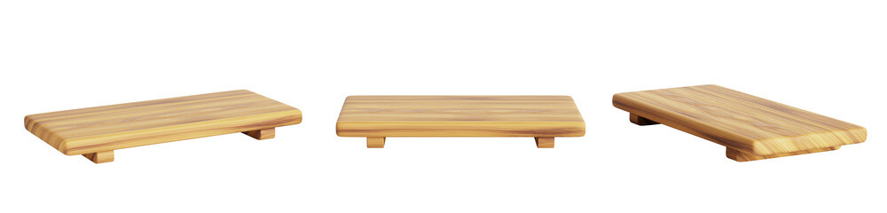 Sushi tray, wooden stand tamaki dai realistic 3d render icon set. Japanese bamboo plate for asian food. Empty rectangle board mockup with light brown wood texture, front and side view