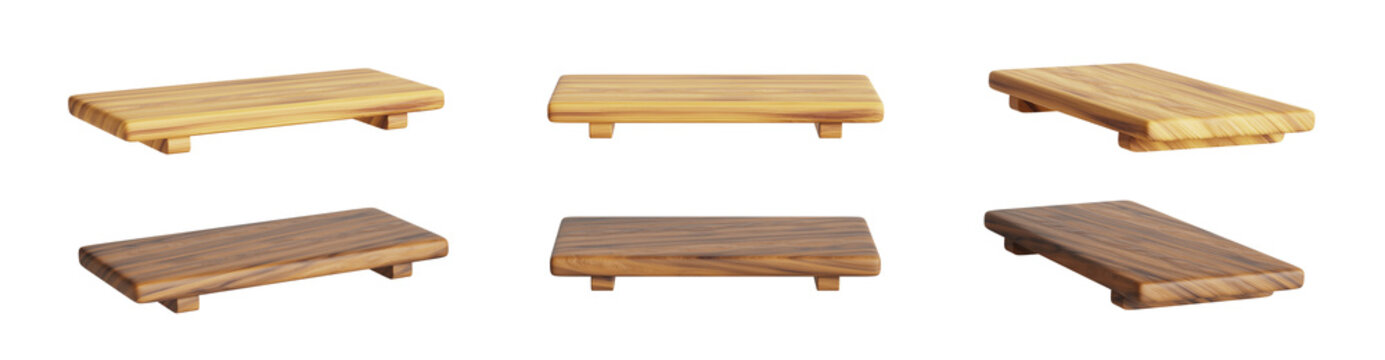 3d wooden sushi plate mockup. Empty rectangular serving dish, tray for asian food. Japanese kitchen table with brown and light wood texture front and side view, realistic render set