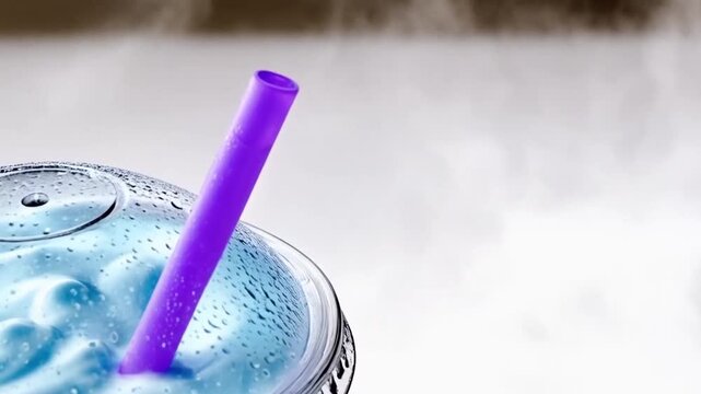 Refreshing Blue Raspberry Slushie with Purple Straw in a Clear Plastic Cup Close Up