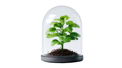 Protected sapling growth under glass dome small plant ecology environment seedling protection sustainability green nature conservation care isolated on white background