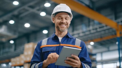 A man in safety gear smiles while using a tablet to oversee warehouse operations. The environment features shelves filled with products and bright overhead lights - Powered by Adobe