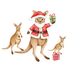 Fototapeta premium Cheerful kangaroo in Santa costume with gifts, celebrating Christmas surrounded by playful joeys in festive theme
