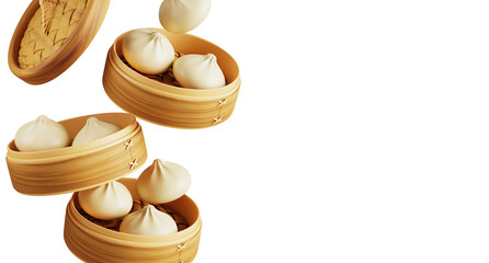 Chinese food 3d banner with baozi, steam bread, dim sum or dumpling in bamboo steamers. Vietnamese bun bao with meat and egg or japanese manju in wooden basket. Asian street snack. 3D illustration