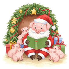 Charming Pig in Santa Suit Reading Book Surrounded by Cute Piglets and Christmas Decorations in Festive Setting