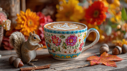 Beautifully decorated floral cup of coffee sits on rustic wooden table surrounded by autumn leaves, acorns, and small squirrel figurine, evoking cozy fall atmosphere