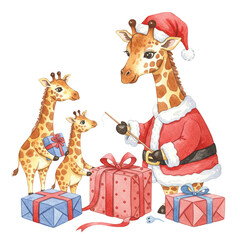 Festive Giraffe Family Celebrating Christmas with Gifts and Joyful Decorations in Colorful Watercolor Style