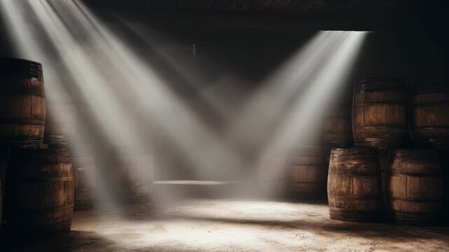 Sunlight enters a rustic distillery, illuminating wooden barrels stacked in a dimly lit space. The atmosphere is calm and inviting in the early morning light