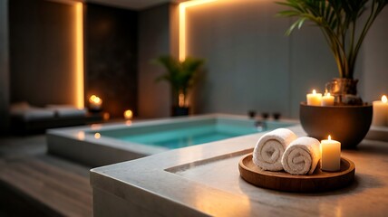 Fototapeta premium Empty marble table top on blurred minimalistic luxury spa bathroom at apartment, white day light, clean cozy colors. Place for product display, showing products, side view