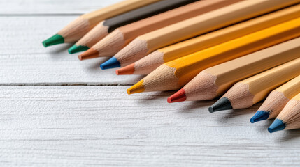 Obraz premium Colorful pencils arranged neatly wooden surface, perfect for artistic expression and creativity