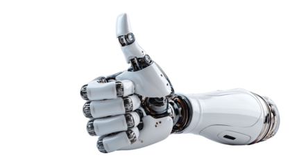 Robotic thumb up sign mechanical hand gesture future technology cyborg metallic arm approval innovation android symbol illustration isolated on white background