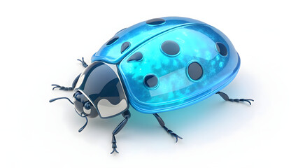 Obraz premium Futuristic 3D blue glass ladybug with glowing holographic shell and metallic details isolated on white background