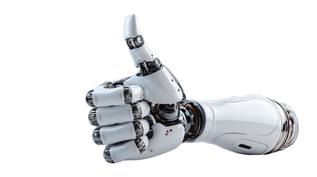 Robotic thumb up sign mechanical hand gesture future technology cyborg metallic arm approval innovation android symbol illustration isolated on white background
